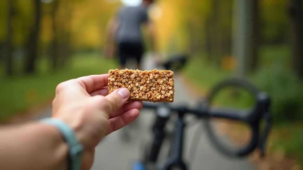 Velosipēdists ēd granolu bāri un redzams braucieņa ruļļu paņemšanas noteikumi