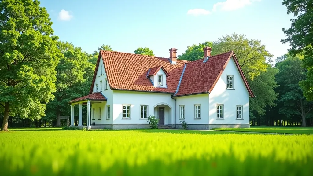 Senā muiža ar balkiem un tradicionālo Latvijas arhitektūru, lauku ainavā, vasaras saules apgaismojums