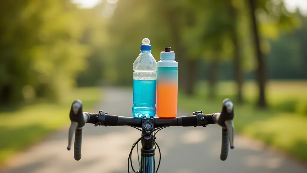 Velosipēdista ūdens pudeles un elektrolītu dzēriens uz velosipēda stūres klips